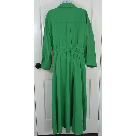 Women's Green Collared Shirt Dress Long Sleeve Midi Pleated Dress By UOOZEE - Picture 3 of 16